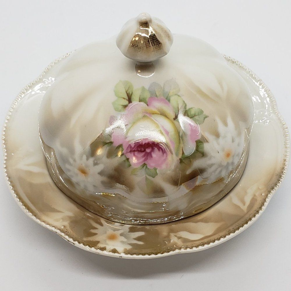 German Vintage Lusterware Hand Painted Floral Dome Covered Butter or Cheese Dish